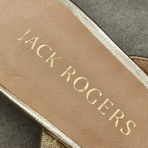 Jack Rogers Dress Mule 9 Gold Champagne Leather Cynthia Bow Kitten Heel Metallic - Picture 13 of 16